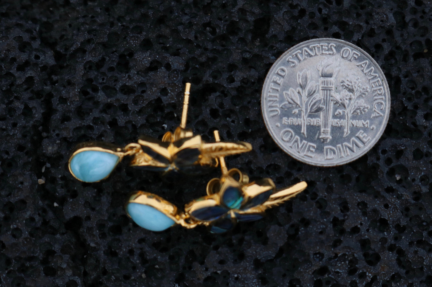 18K Gold Vermeil Plumeria Flower Larimar Stud Earrings. Abalone Shell, Sterling Silver.