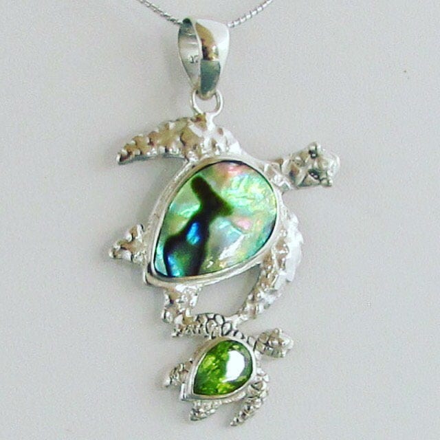 Turtle Necklace Pendant | Peridot | Paua Abalone Shell | Sterling Silver | Ocean | Beach | Gift | Jewelry | Handmade | Unique