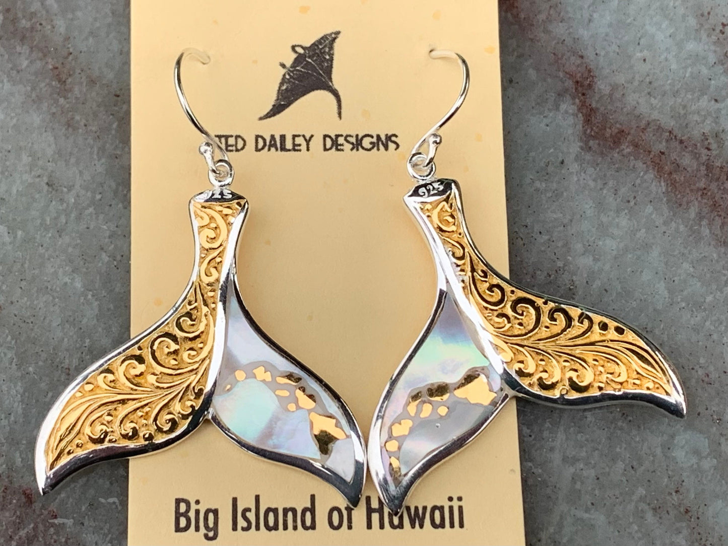 Hawaiian Islands Whale Tail Earrings. Kauai, Oahu, Maui, Big Island of Hawaii. Gold, Silver, Mother of Pearl.