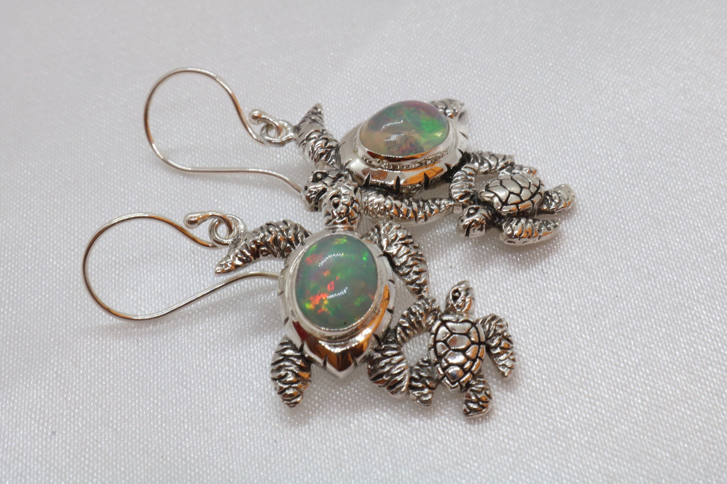 Opal Turtle Hawaiian Honu Mom and Baby Silver Earrings