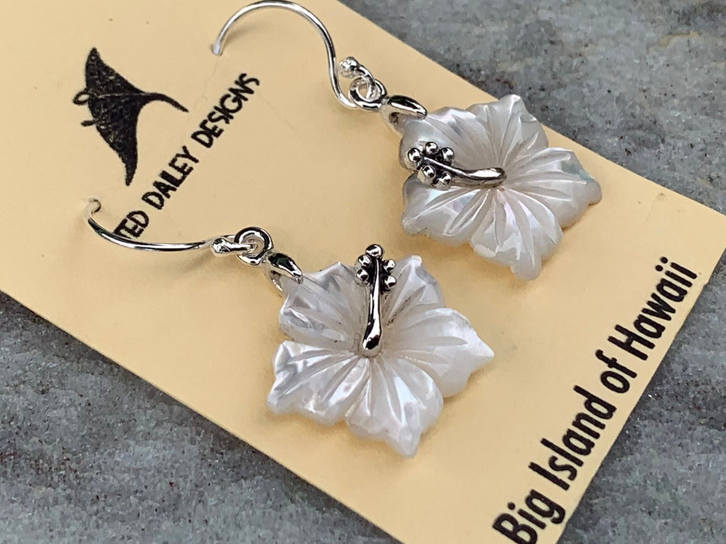 Hibiscus Flower Necklace Earrings. Hawaiian State Flower. Sterling Silver, Mother of Pearl