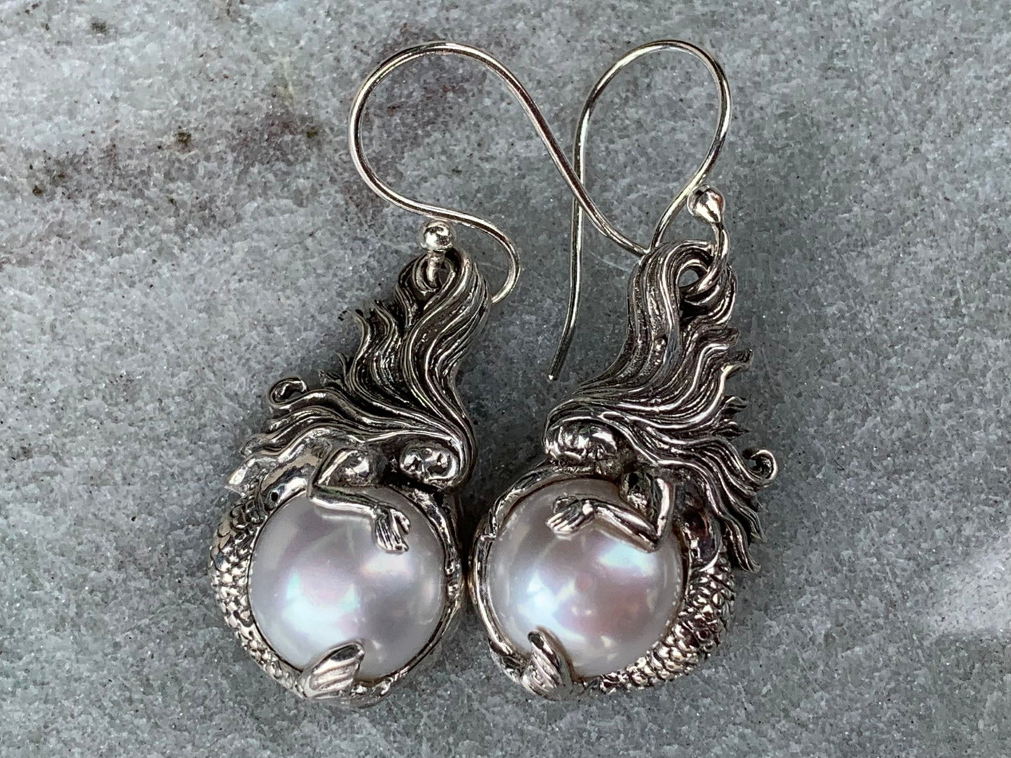 Mermaid White Mabe Pearl Silver Earrings