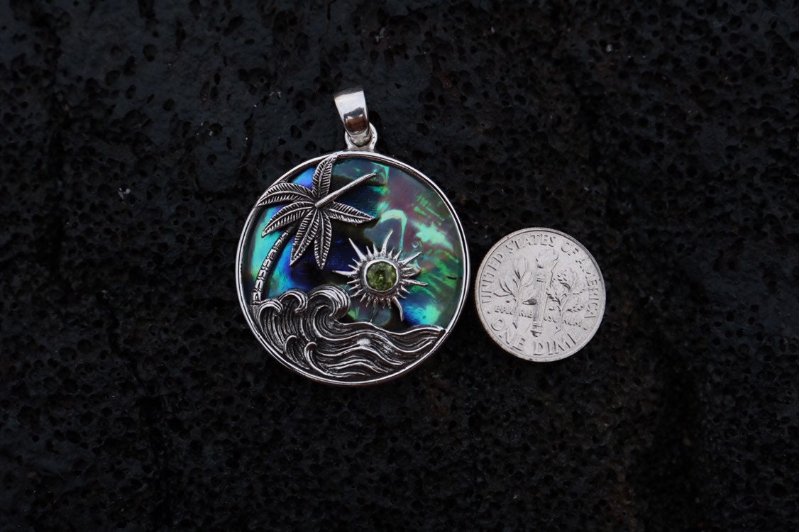 Ocean Beach Palm Tree Wave Sunset Necklace Pendant. Abalone Shell, Peridot, Sterling Silver.