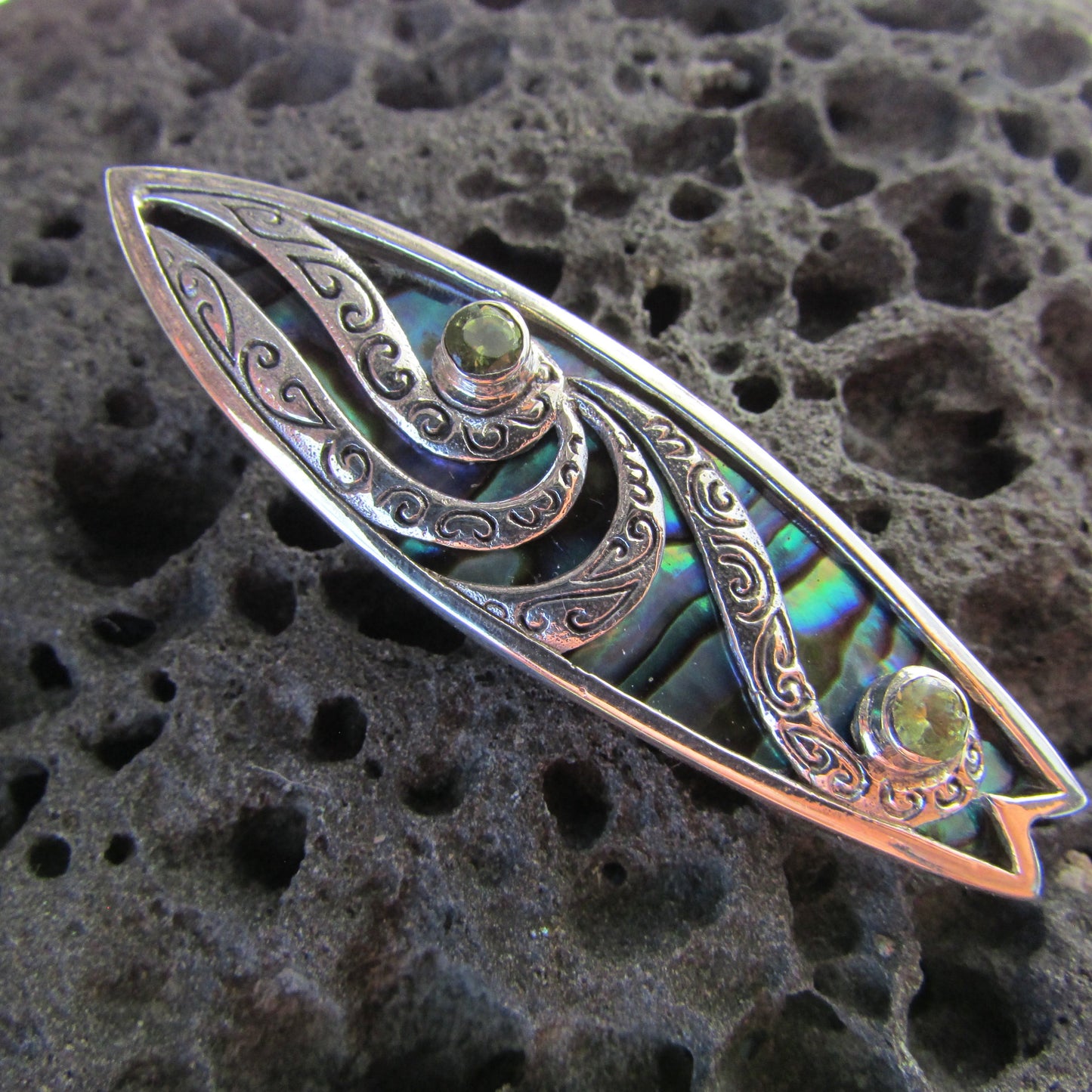 Surfboard Polynesian Tattoo Design. Peridot, Paua Abalone Shell, Sterling Silver.