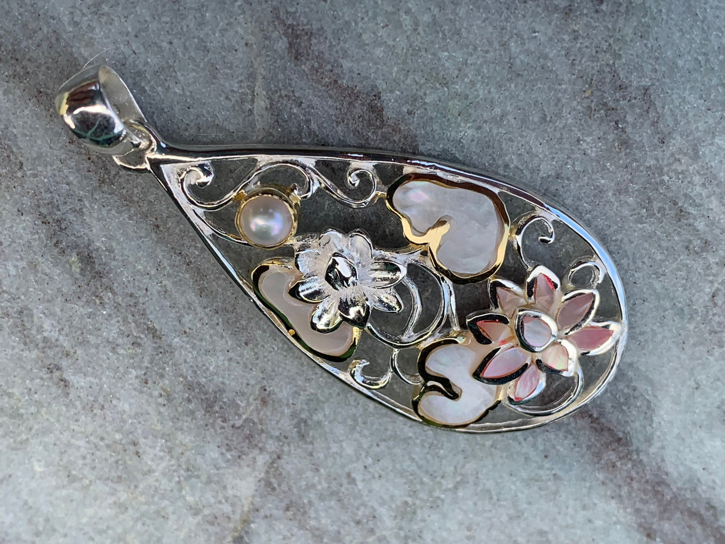 Pink Lotus Flower Necklace Pendant. Sterling Silver, Pearl, Gold, Mother of Pearl.