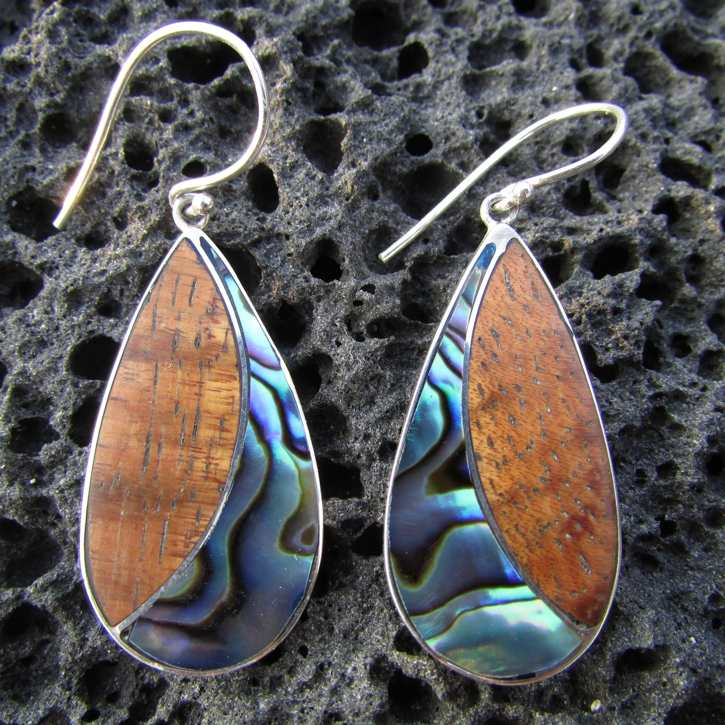 Teardrop Earrings | Paua Abalone Shell | Koa Wood | Sterling Silver | Gift | Jewelry | Handmade | Unique
