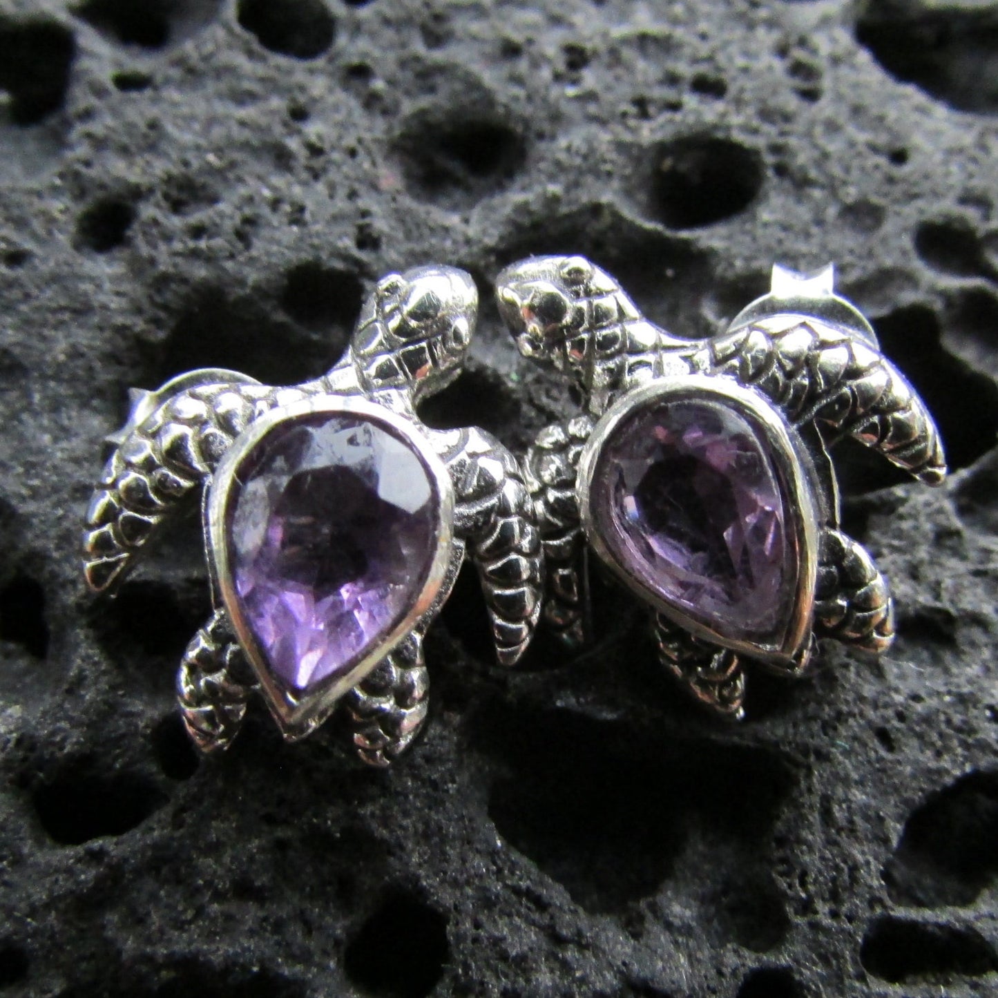 Sea Turtle Stud Earrings | Amethyst | Sterling Silver | Ocean | Beach | Gift | Jewelry | Handmade | Unique