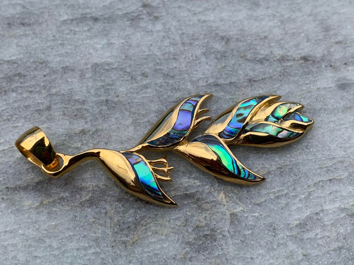 18K Gold Vermeil Heliconia Flower Necklace Pendant. Abalone Shell.