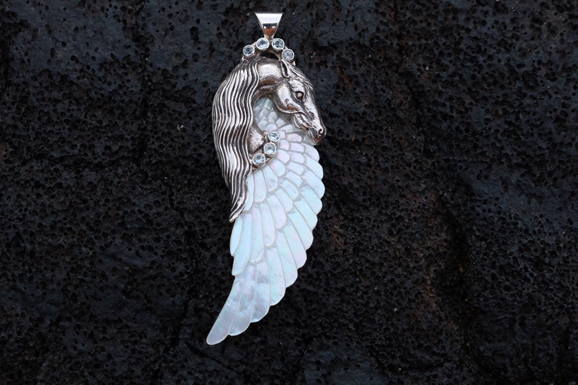 Pegasus Horse Wings Cowgirl Jewelry Necklace Pendant. Sterling Silver, Blue Topaz, Mother of Pearl.