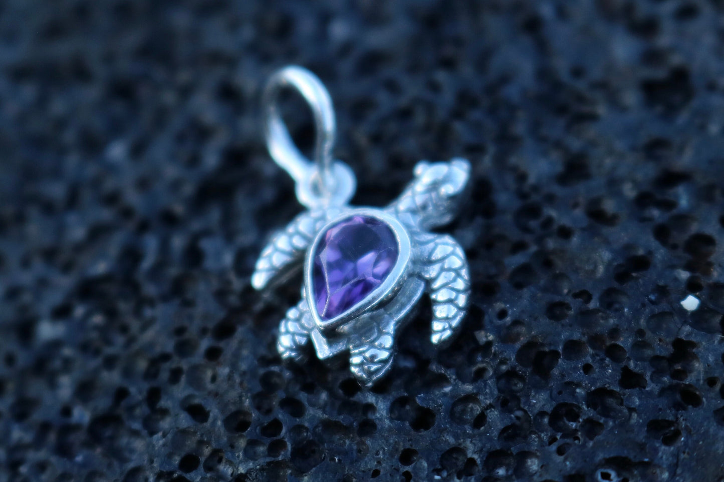Turtle Charm Amethyst Necklace Pendant. Sterling Silver.