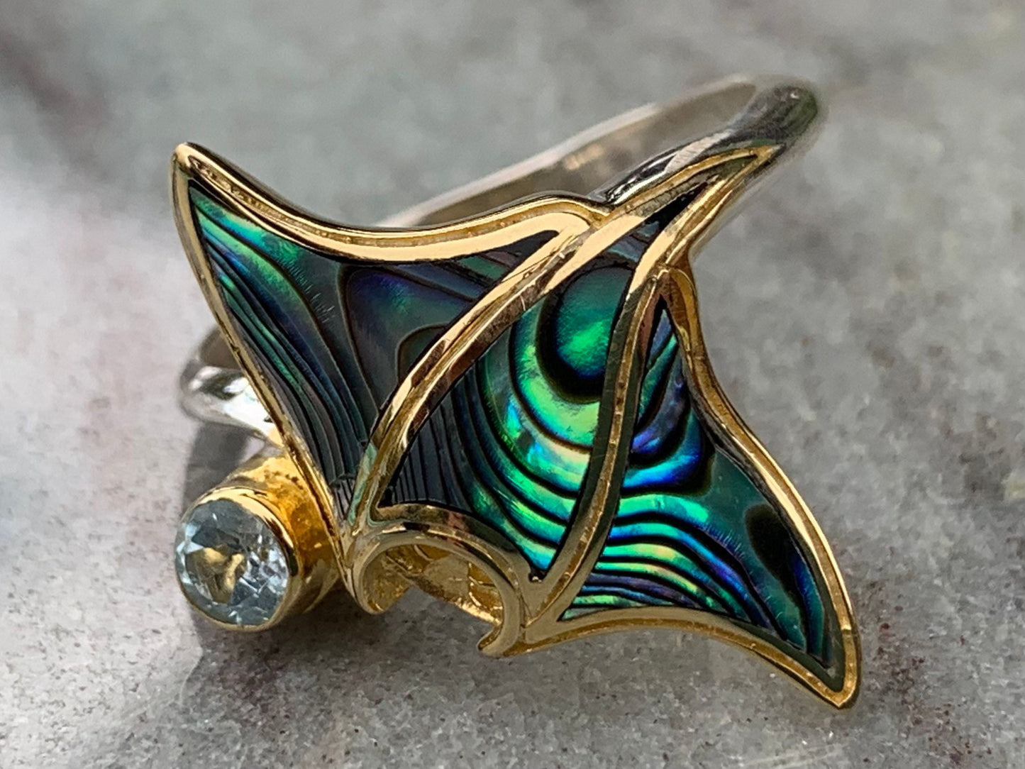 Manta Ray Gold Vermeil Ring. Blue Topaz. Abalone Paua Shell.