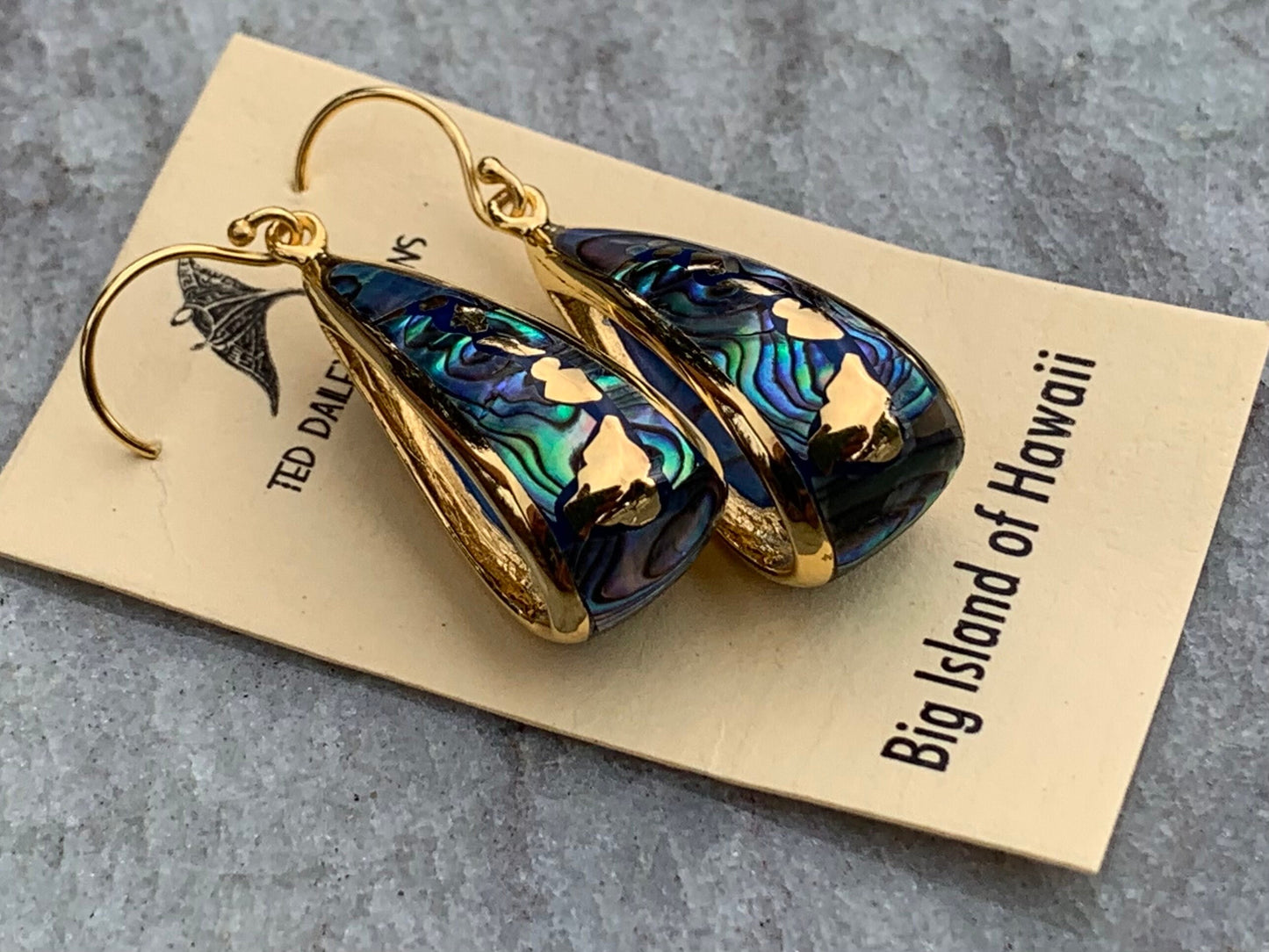 Hawaiian islands hoop earrings. Oahu, Maui, Kauai and Big Island. 18K Gold Vermeil. Abalone Shell.