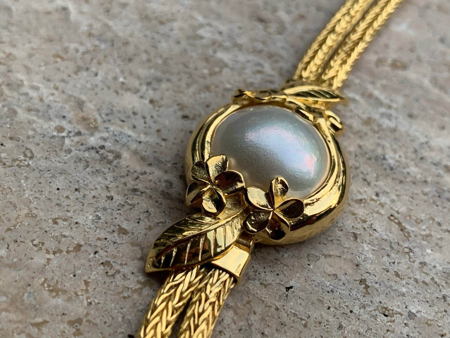 18K Gold Vermeil Plumeria Flower Bracelet. White Mabe Pearl.