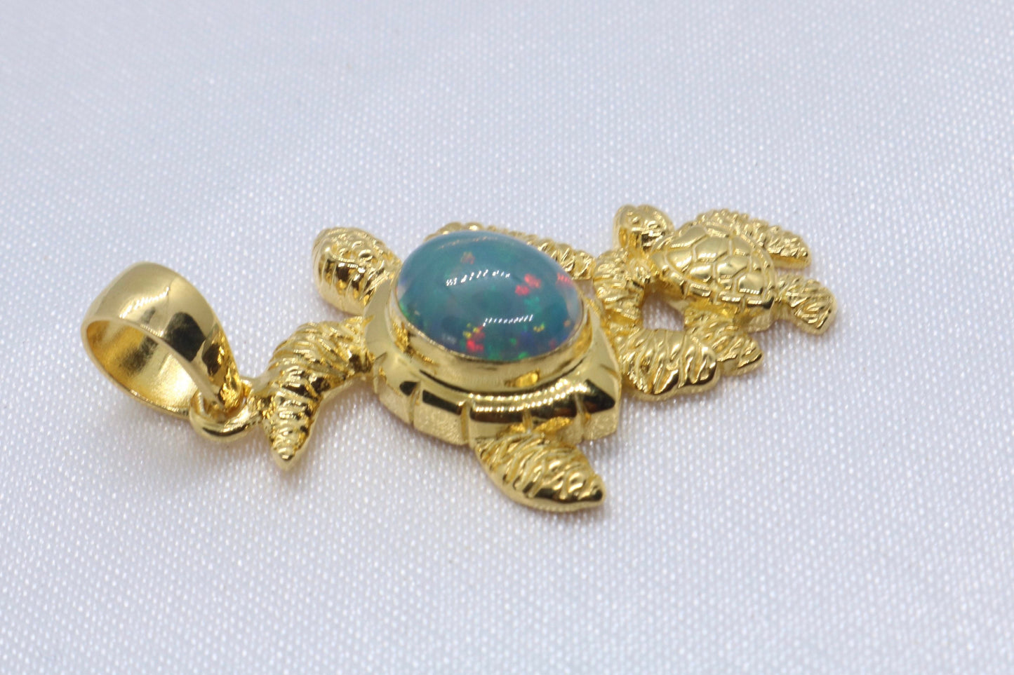 Opal Turtle Hawaiian Honu Mom and Baby 18k Gold Vermeil Necklace Pendant