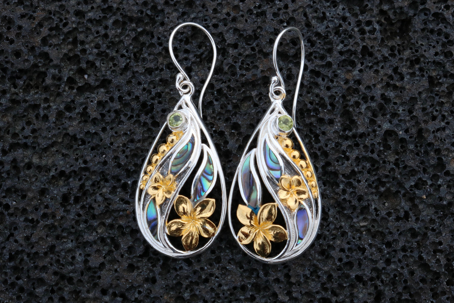 18K Gold Vermeil Plumeria Flowers Teardrop Earrings. Abalone Shell, Sterling Silver, Peridot.