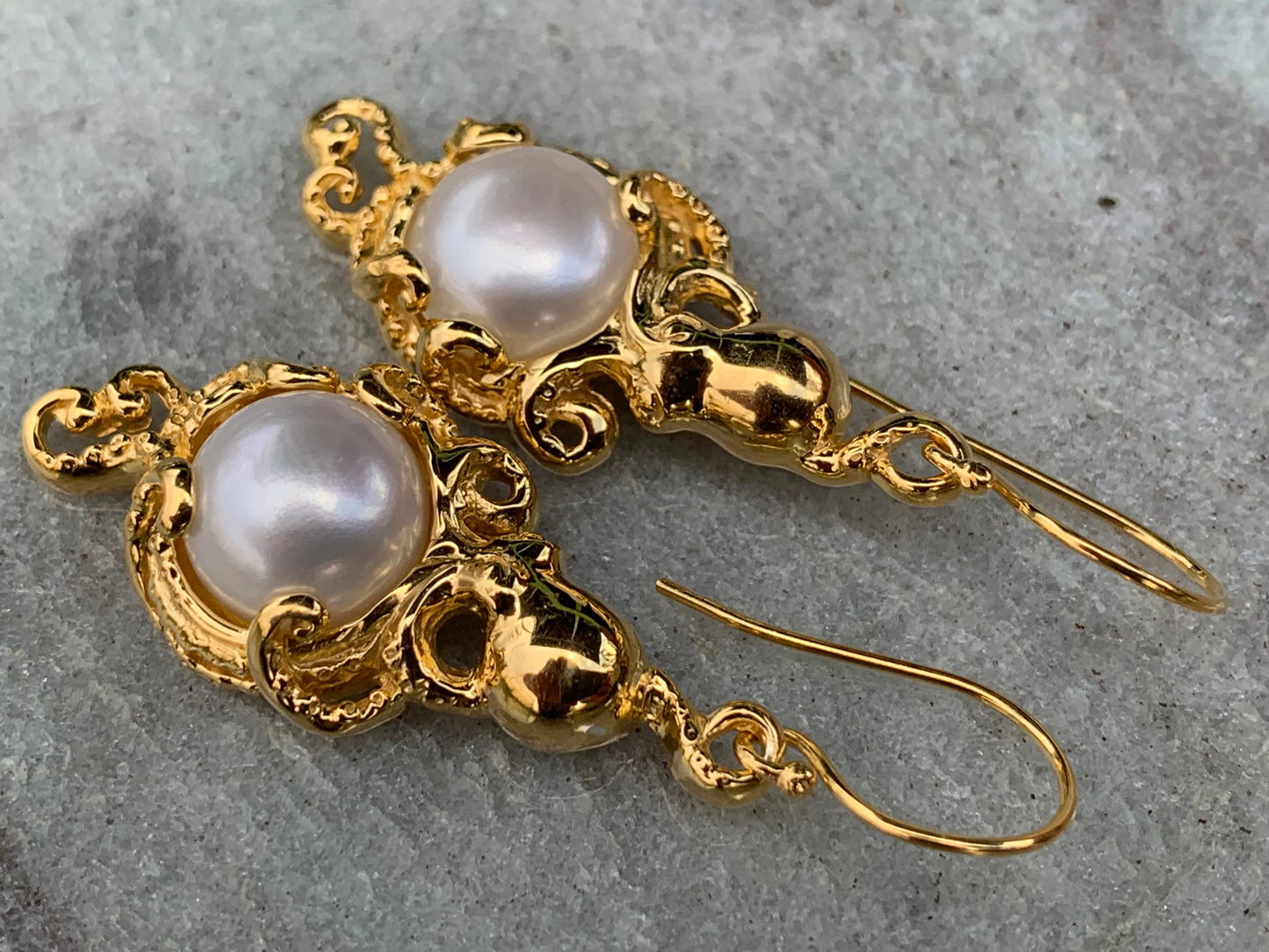 18k gold vermeil white mabe pearl octopus earrings.