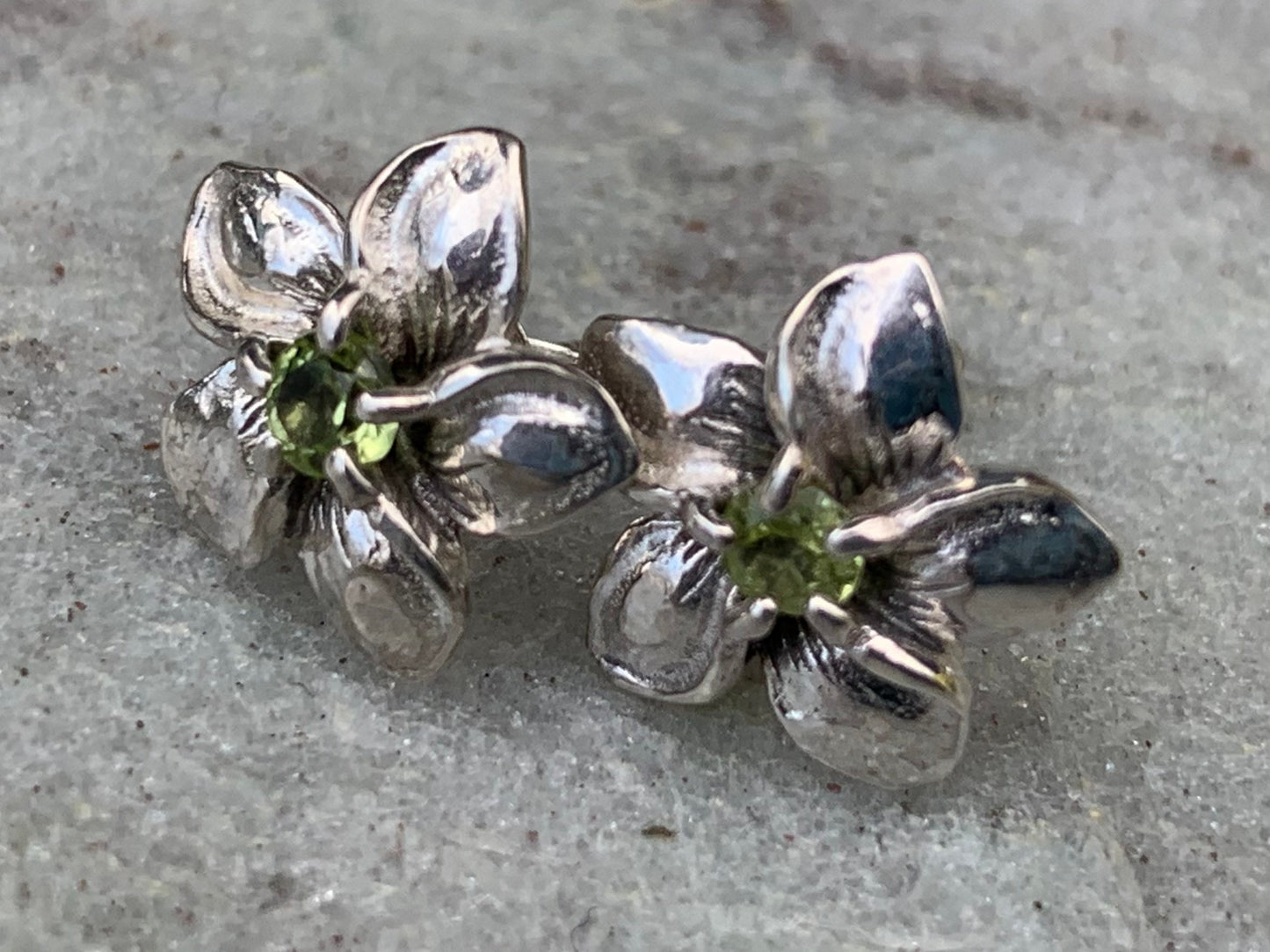 Plumeria Flower Earrings Studs. Sterling Silver. Peridot.