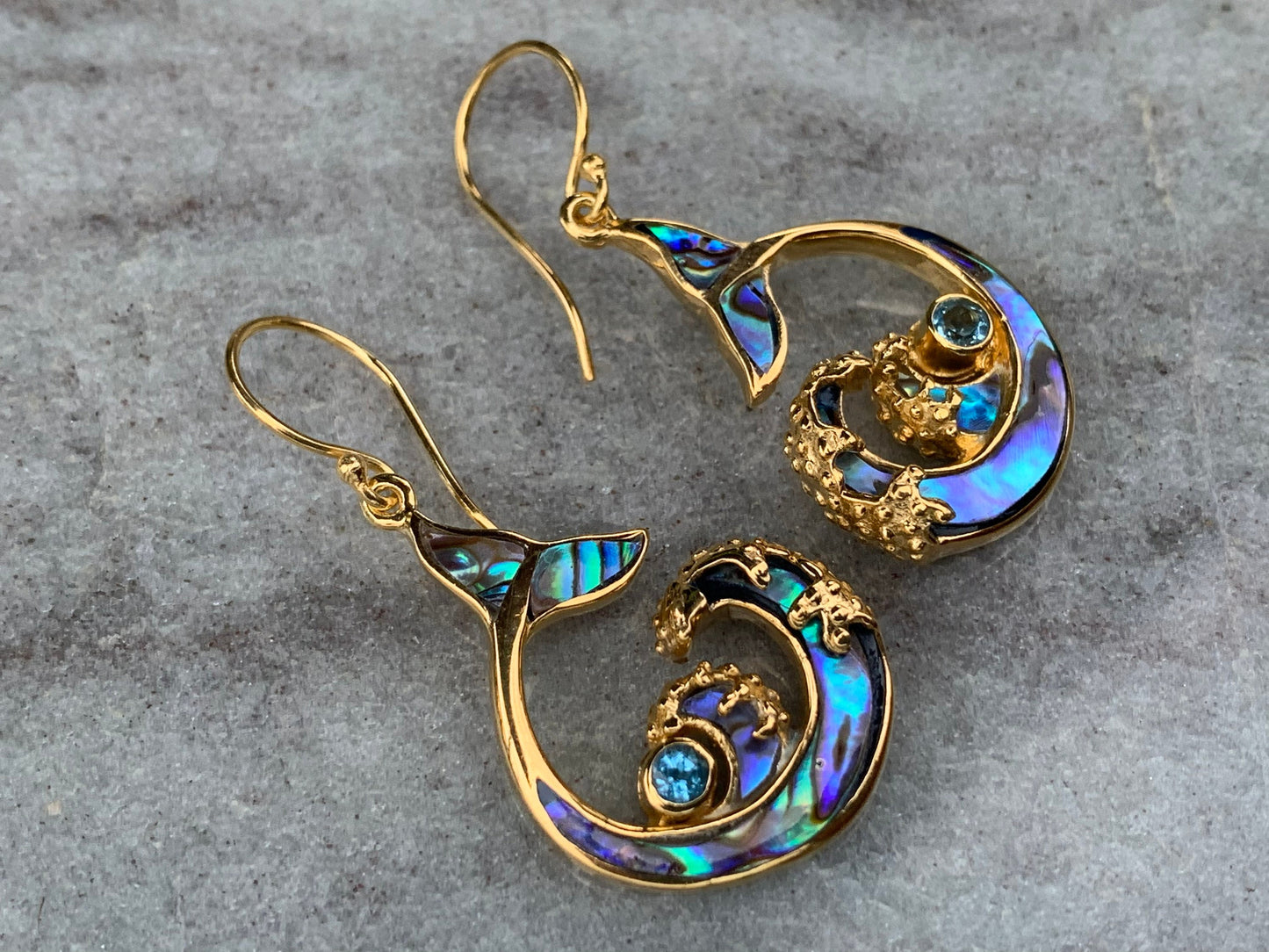 Whale Tail and Wave Swiss Blue Topaz 18k Gold Vermeil Earrings