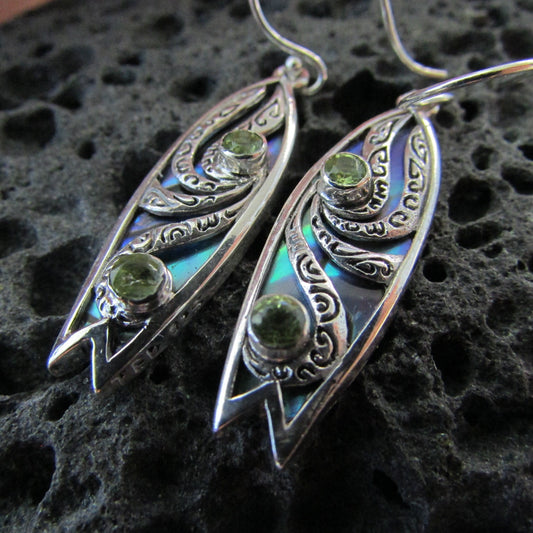 Surfboard Earrings with Polynesian Tattoo Design. Peridot. Abalone Paua Shell. Sterling Silver.