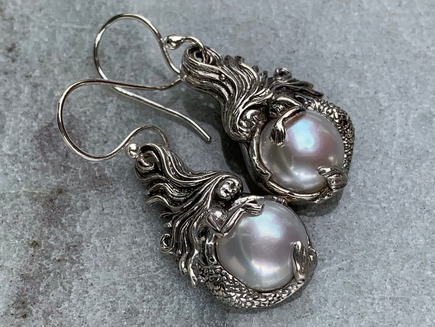 Mermaid White Mabe Pearl Silver Earrings
