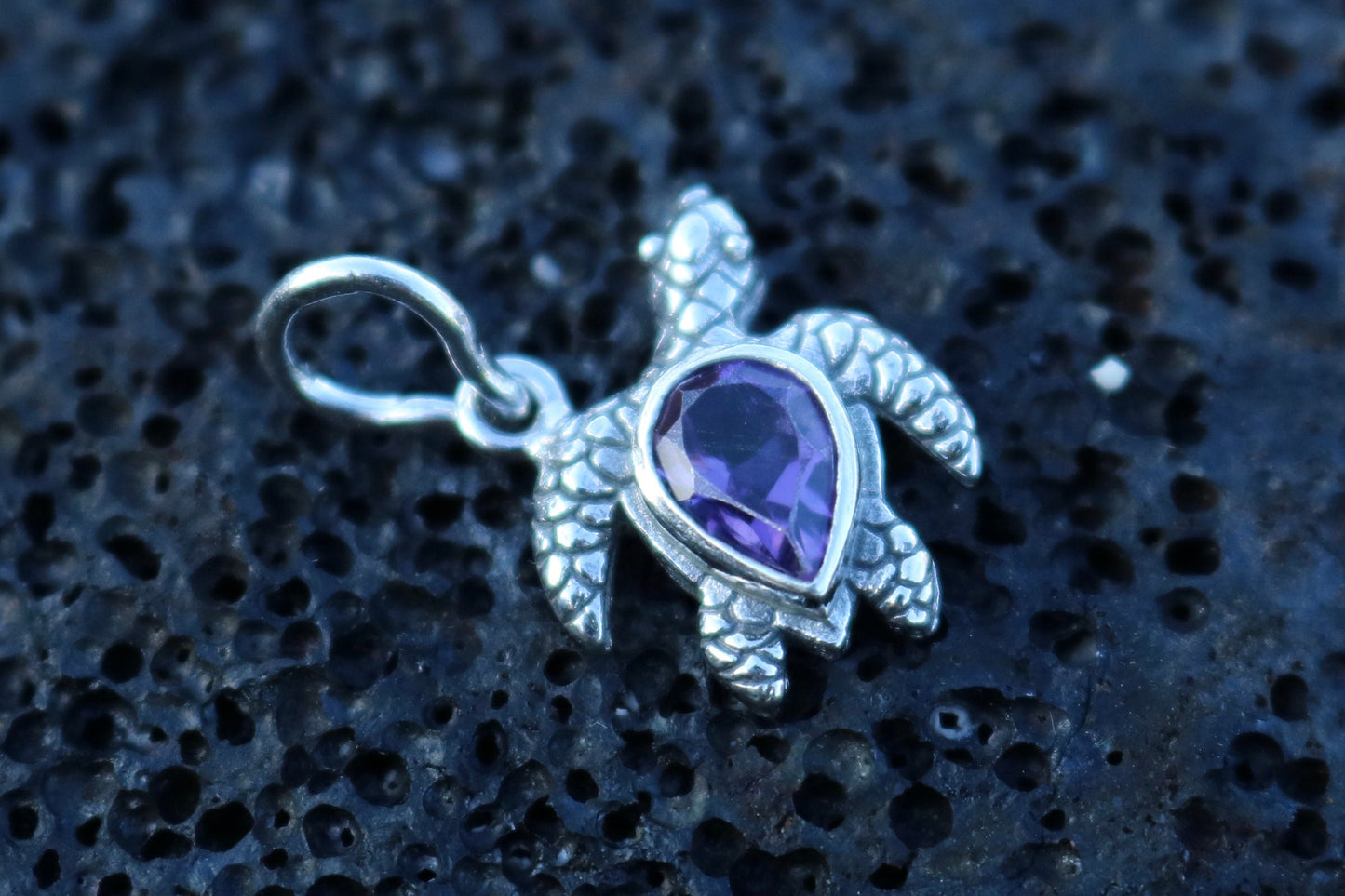 Turtle Charm Amethyst Necklace Pendant. Sterling Silver.