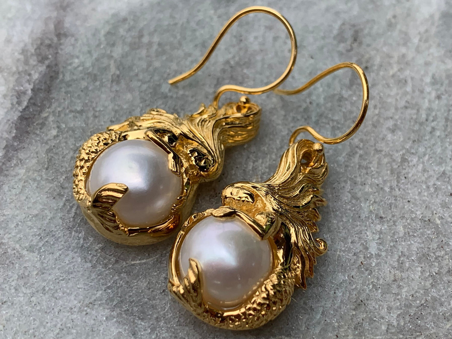 18k gold vermeil white mabe pearl mermaid earrings.
