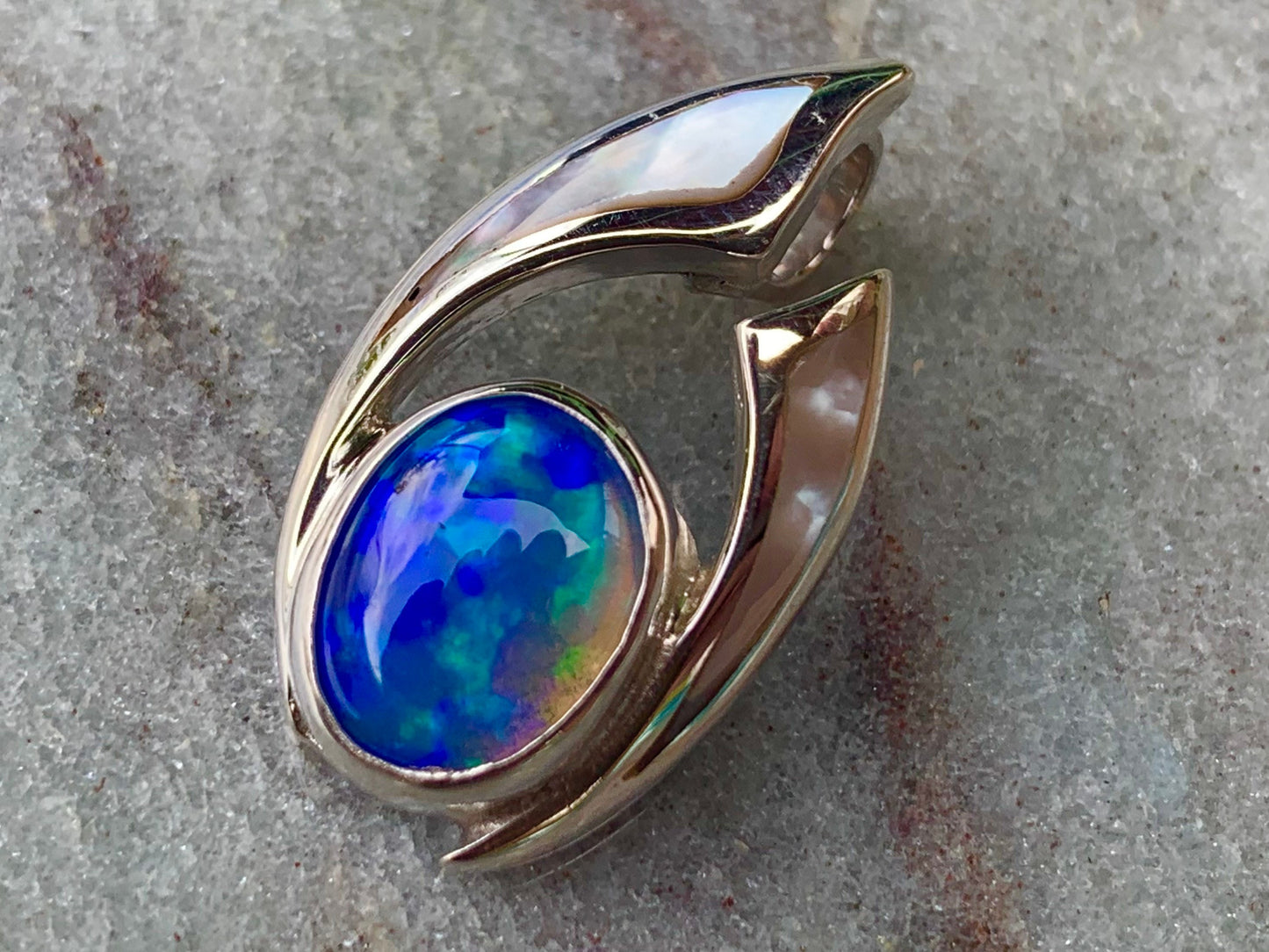 Opal Ocean Wave Pendant Necklace. Mother of Pearl, Sterling Silver.