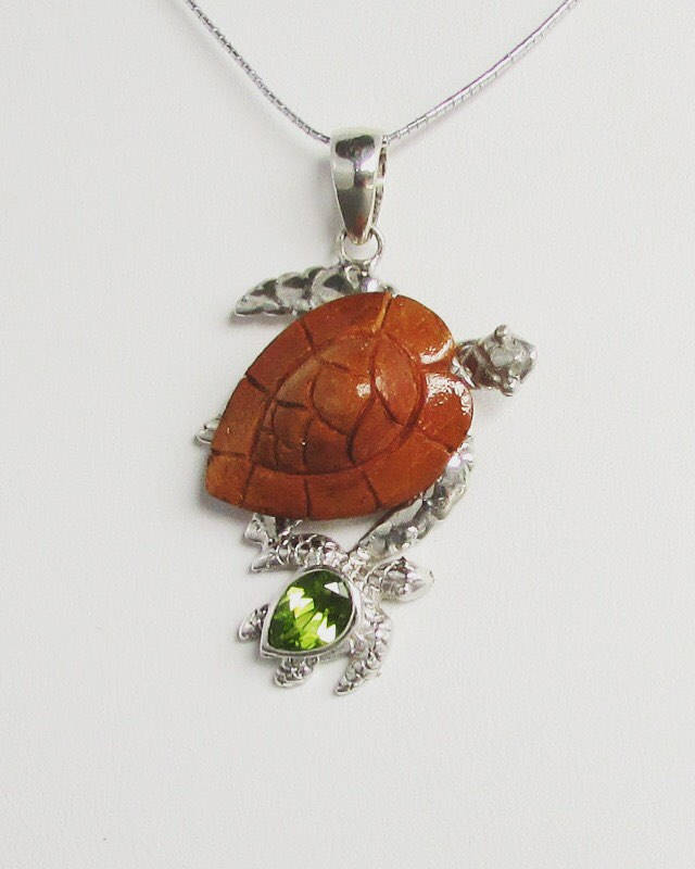 Sea Turtle Necklace Pendant | Koa Wood | Peridot | Sterling Silver | Ocean | Beach | Gift | Jewelry | Handmade | Unique