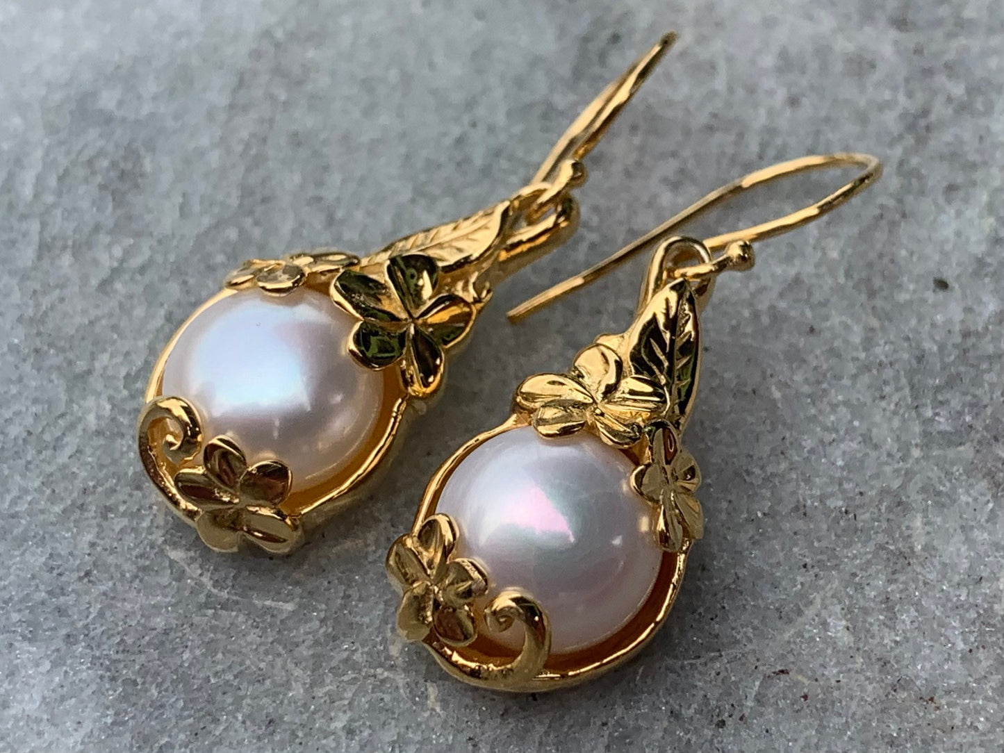 18k gold vermeil white mabe pearl plumeria flower earrings.