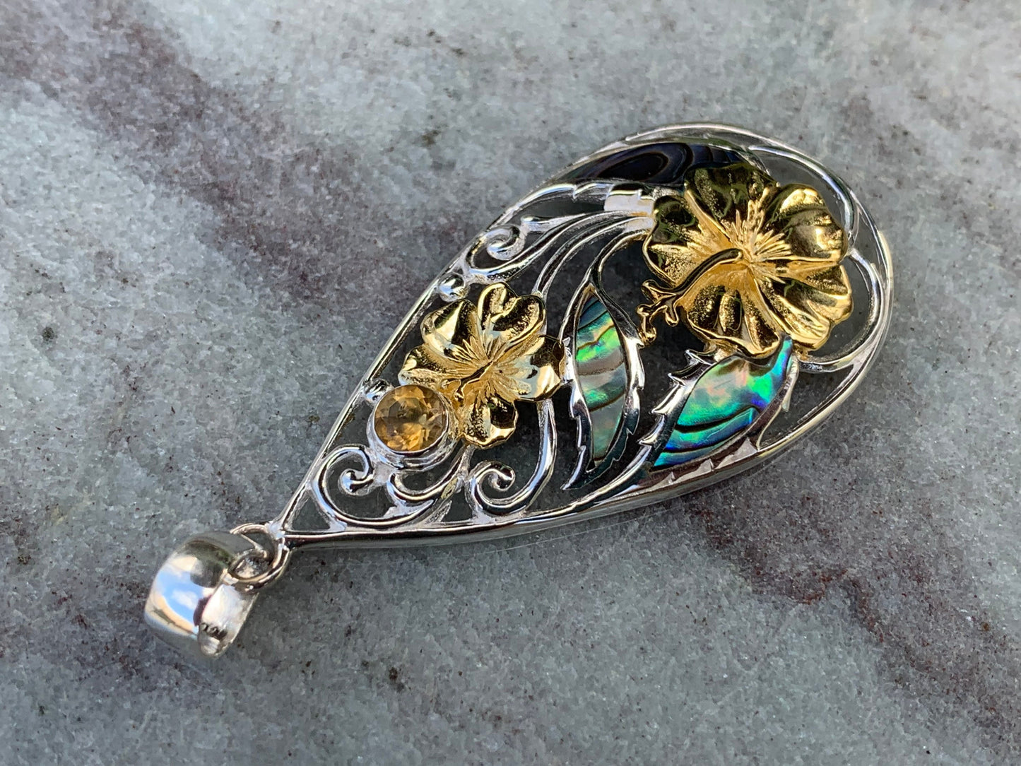 Hibiscus Flower Necklace Pendant. State Flower of Hawaii. Silver, Gold, Abalone Shell, Citrine.