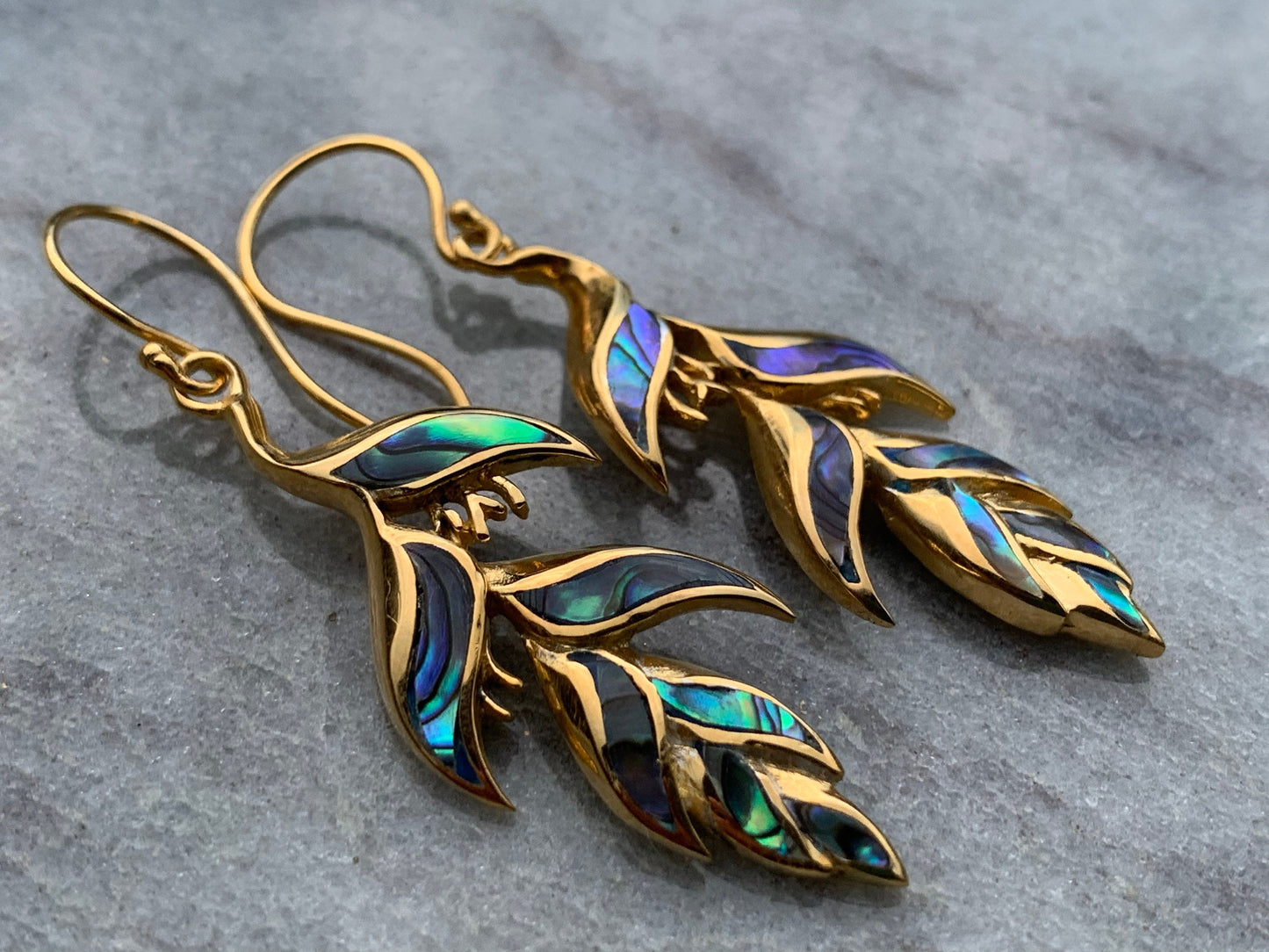 18K Gold Vermeil Heliconia Flower Earrings. Abalone Shell.