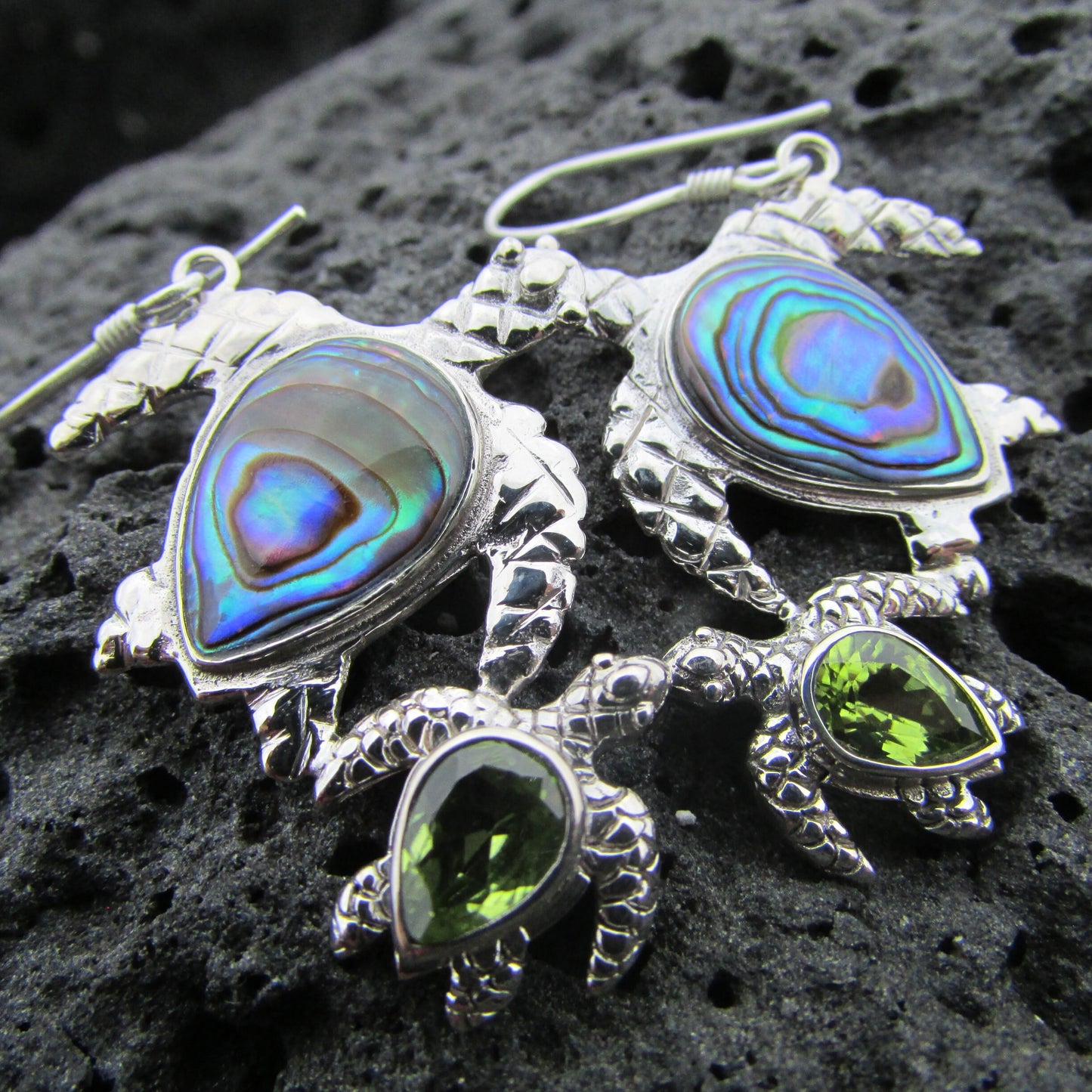 Sea Turtle Earrings | Paua Abalone Shell | Peridot | Sterling Silver | Ocean | Beach | Gift | Jewelry | Handmade | Unique