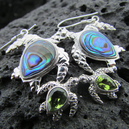 Sea Turtle Earrings | Paua Abalone Shell | Peridot | Sterling Silver | Ocean | Beach | Gift | Jewelry | Handmade | Unique
