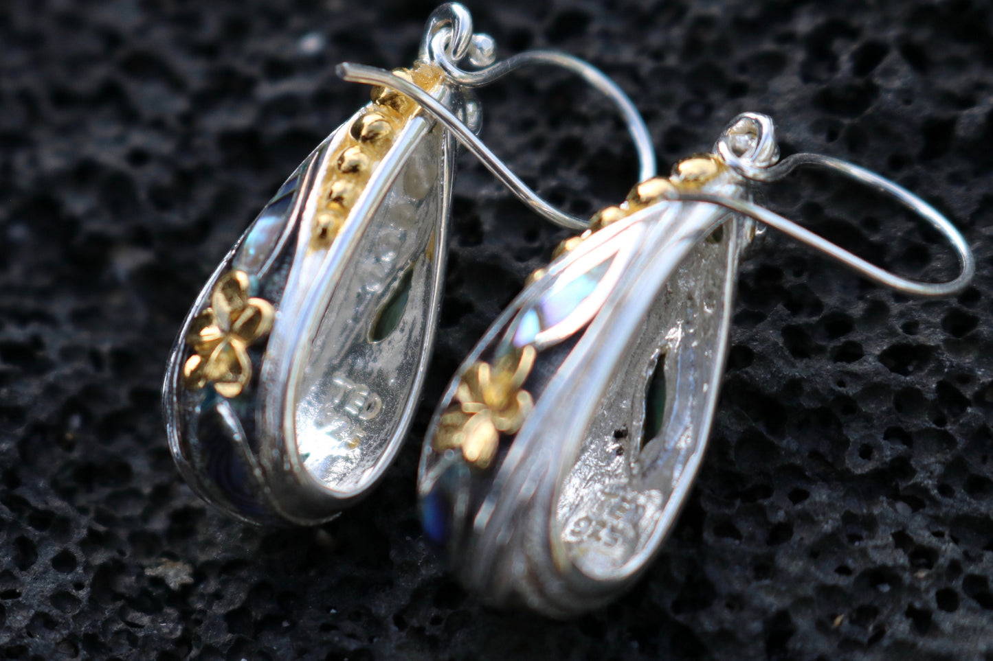 18K Gold Vermeil Plumeria Peridot Abalone Shell Hoop Earrings. Sterling Silver.