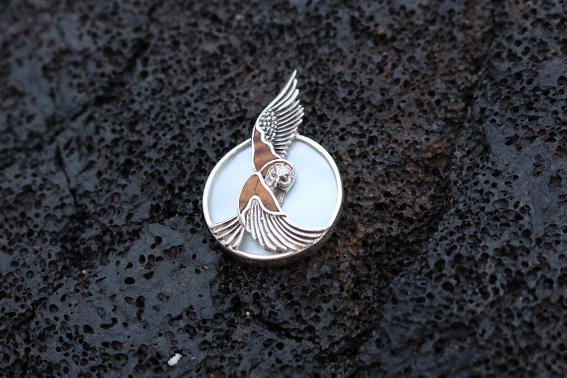 Moon Owl Hawaiian Pueo Aumakua Necklace Pendant. Hawaiian Koa Wood, Mother of Pearl, Sterling Silver.