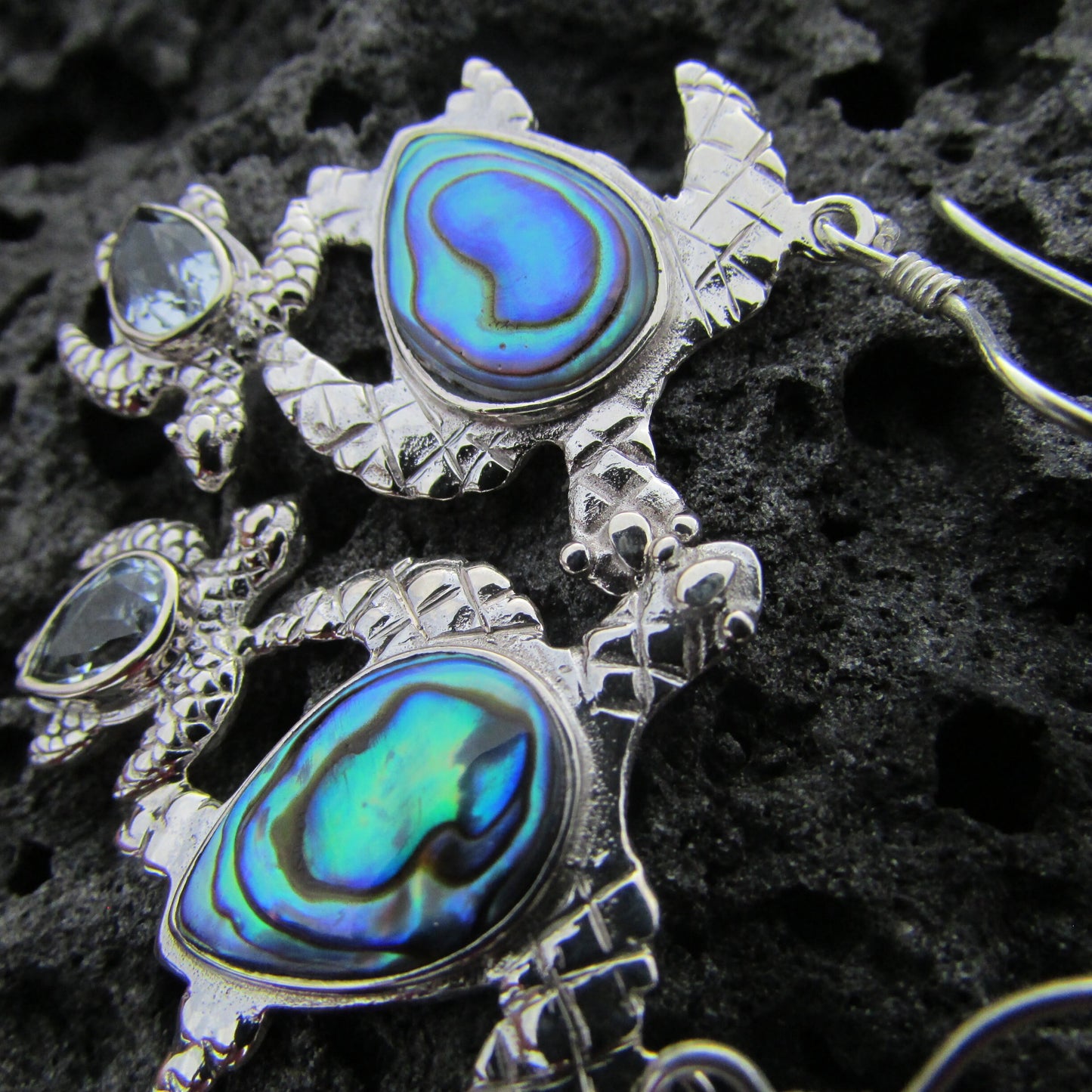 Sea Turtle Couple Earrings  | Abalone Paua Shell | Blue Topaz | Sterling Silver | Ocean | Beach | Gift | Jewelry | Handmade | Unique