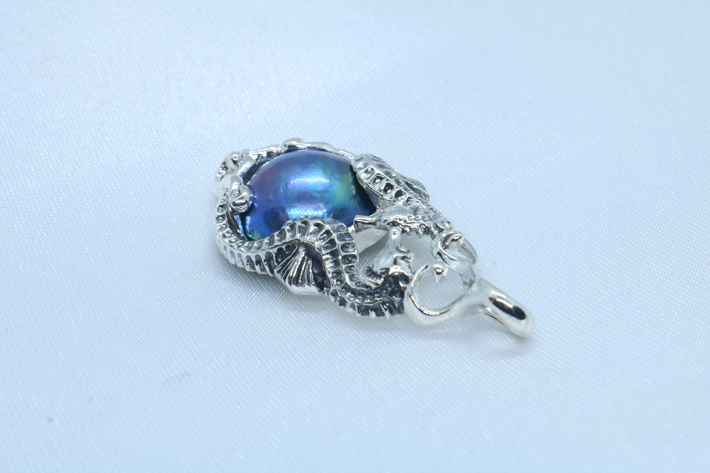 Seahorse Blue Mabe Pearl Silver Pendant Necklace