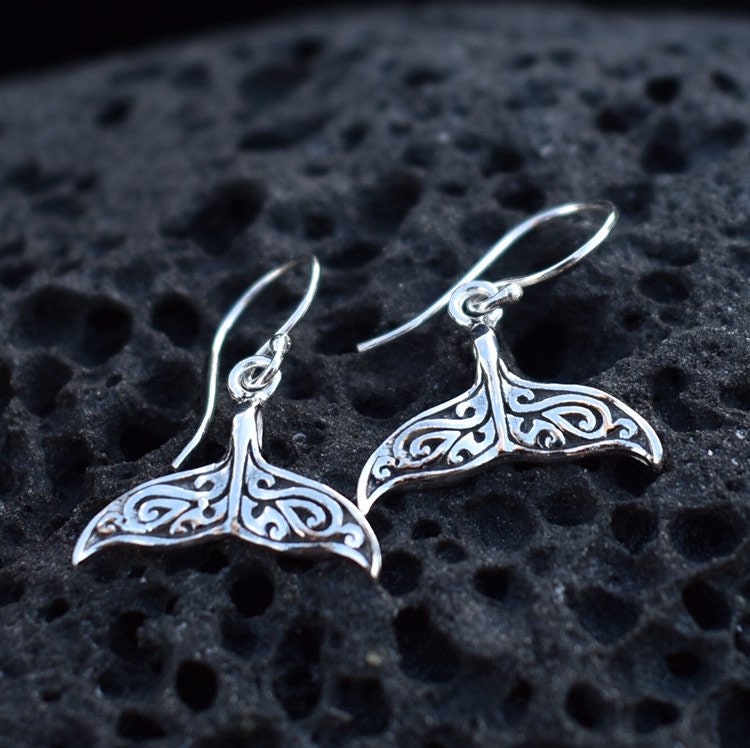 Whale Tail Earrings. Sterling Silver. Beach Jewelry.