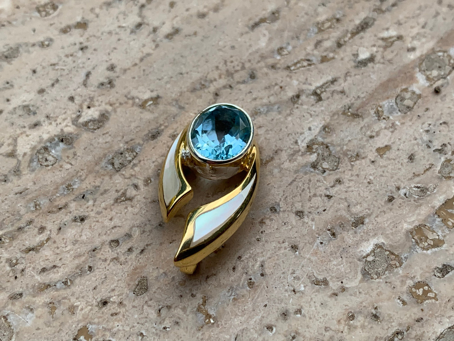 Wave Pendant. Blue Swiss Topaz, Mother of Pearl, Gold Vermeil.
