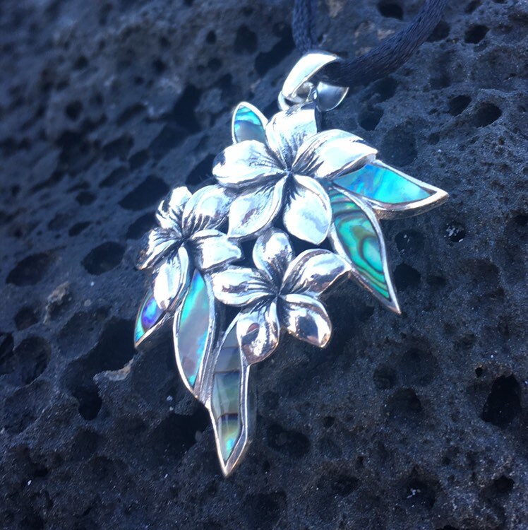 Plumeria Flowers Necklace Pendant. Abalone Paua Shell. Sterling Silver.