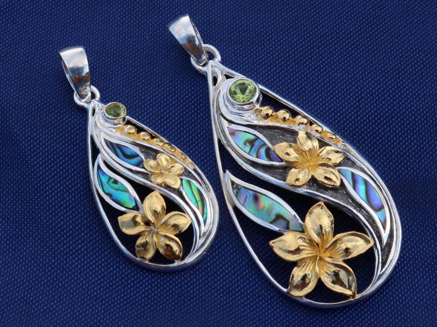 18K Gold Vermeil Teardrop Peridot Plumeria Flower Necklace Pendant. Abalone Shell. Sterling Silver.