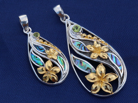 18K Gold Vermeil Teardrop Peridot Plumeria Flower Necklace Pendant. Abalone Shell. Sterling Silver.