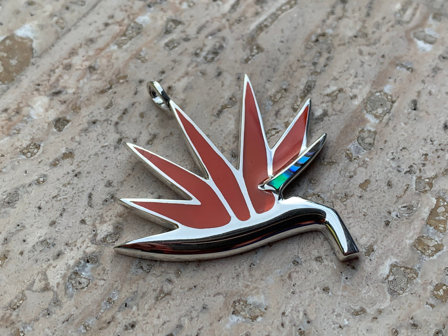 Bird of Paradise Flower Necklace Pendant. Red Coral, Sterling Silver, Abalone Shell.