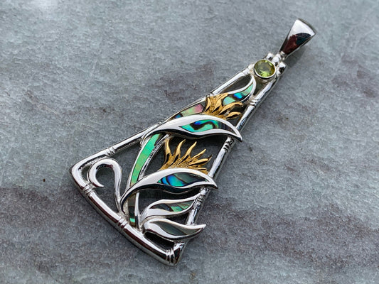 Bird of Paradise Flower Peridot Silver Gold Shell Necklace Pendant