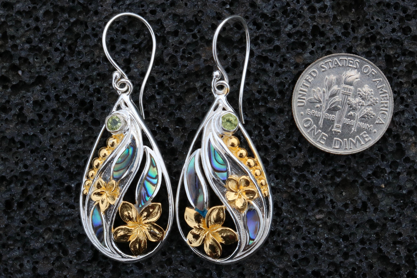 18K Gold Vermeil Plumeria Flowers Teardrop Earrings. Abalone Shell, Sterling Silver, Peridot.