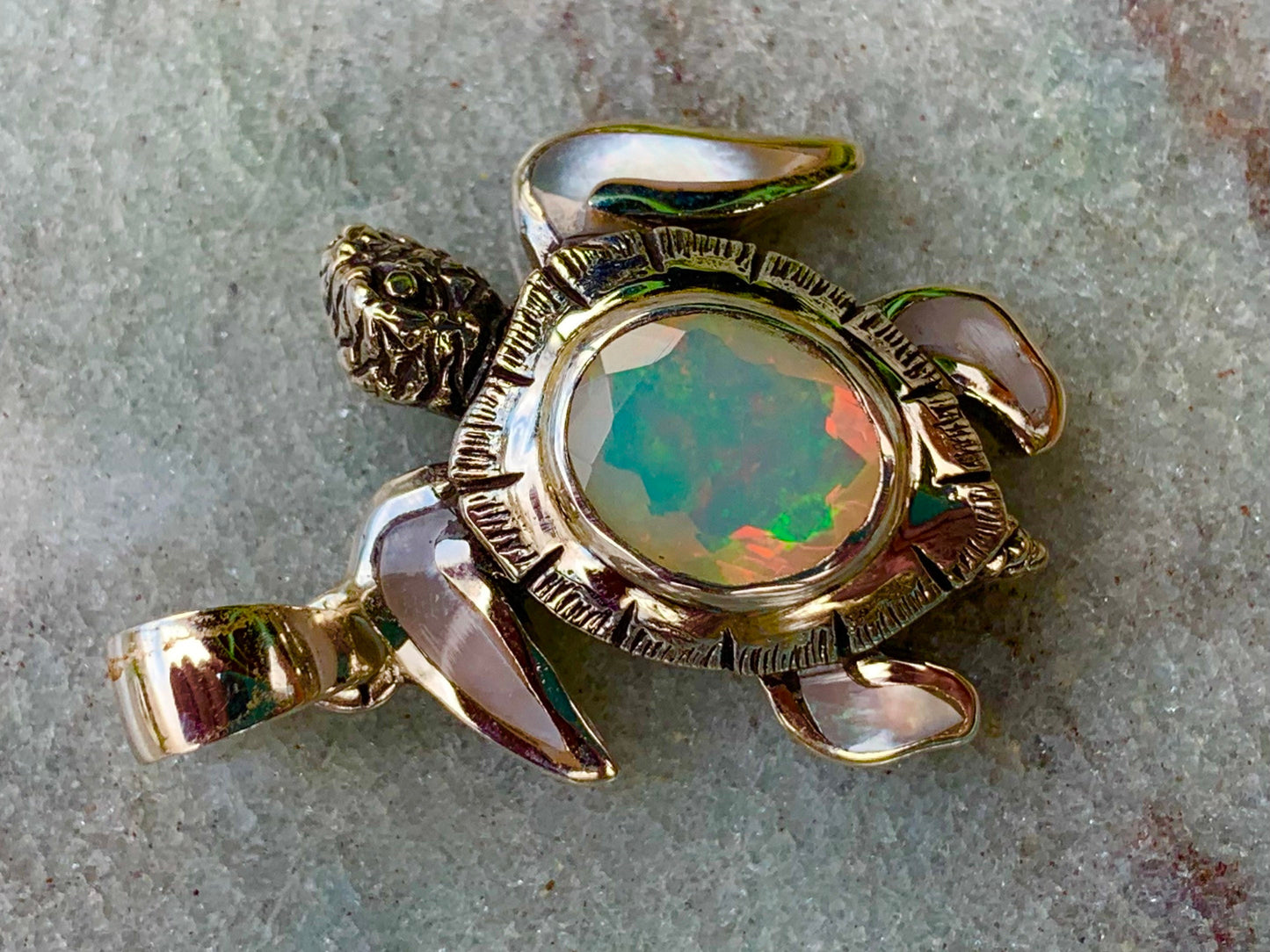 Opal Turtle Pendant Necklace. Mother of Pearl, Silver.