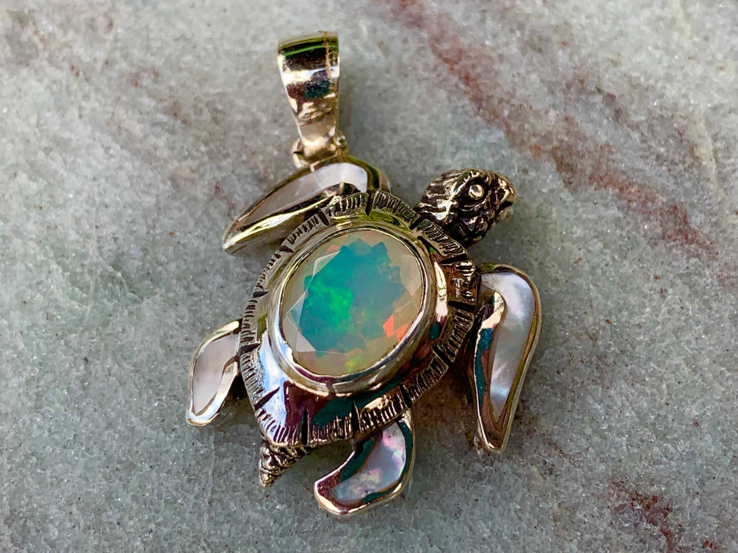 Opal Turtle Pendant Necklace. Mother of Pearl, Silver.