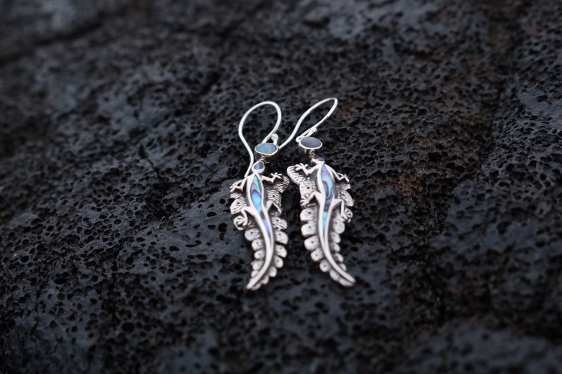 Lizard Salamander Hawaiian Gecko Aumakua Handmade Earrings. Rainbow Opal, Abalone Paua Shell, Sterling Silver.