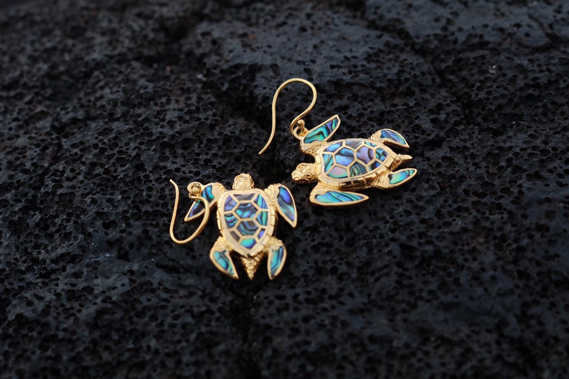 18K Gold Vermeil Green Sea Turtle Earrings. Hawaiian Honu Aumakua. Abalone Paua Shell.