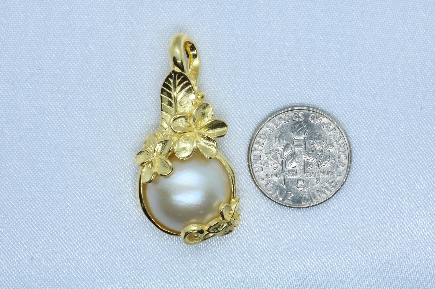 Plumeria Flower 18k Gold Vermeil Mabe White Pearl Necklace Pendant